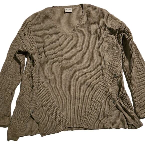 Womens Wrap London V-Neck Sweater Side Buttons WT08 US 8 EUC Tan/Brown - Picture 1 of 11